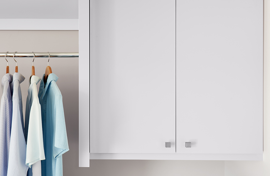 J0030 Bianco Alaska matte white laundry room cabinet with hanging shirts
