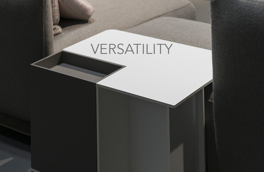 Coffee table made of FENIX innovative materials with the word Versatility on top of the image