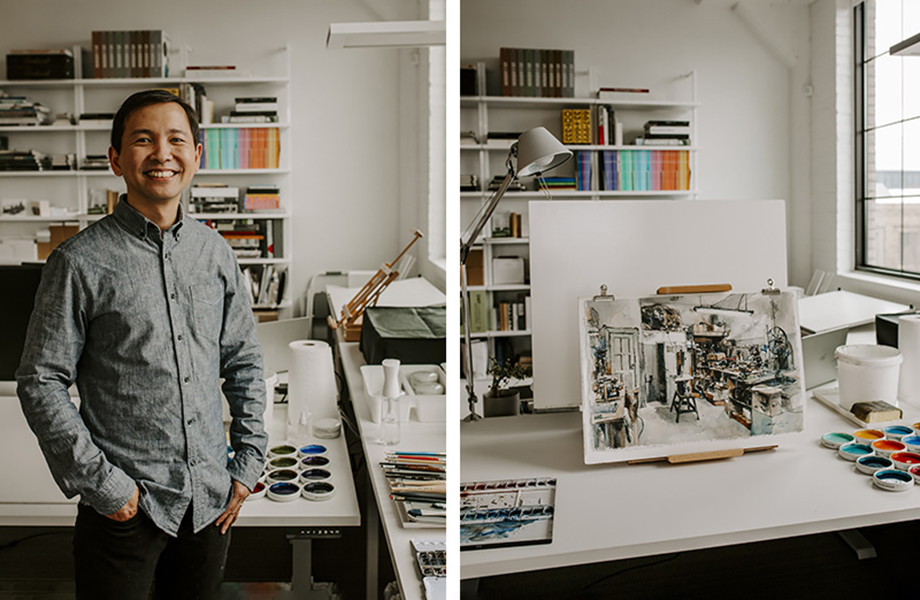 Kar-Keat Chong in his art studio with canvas and paints, featuring FENIX innovative materials