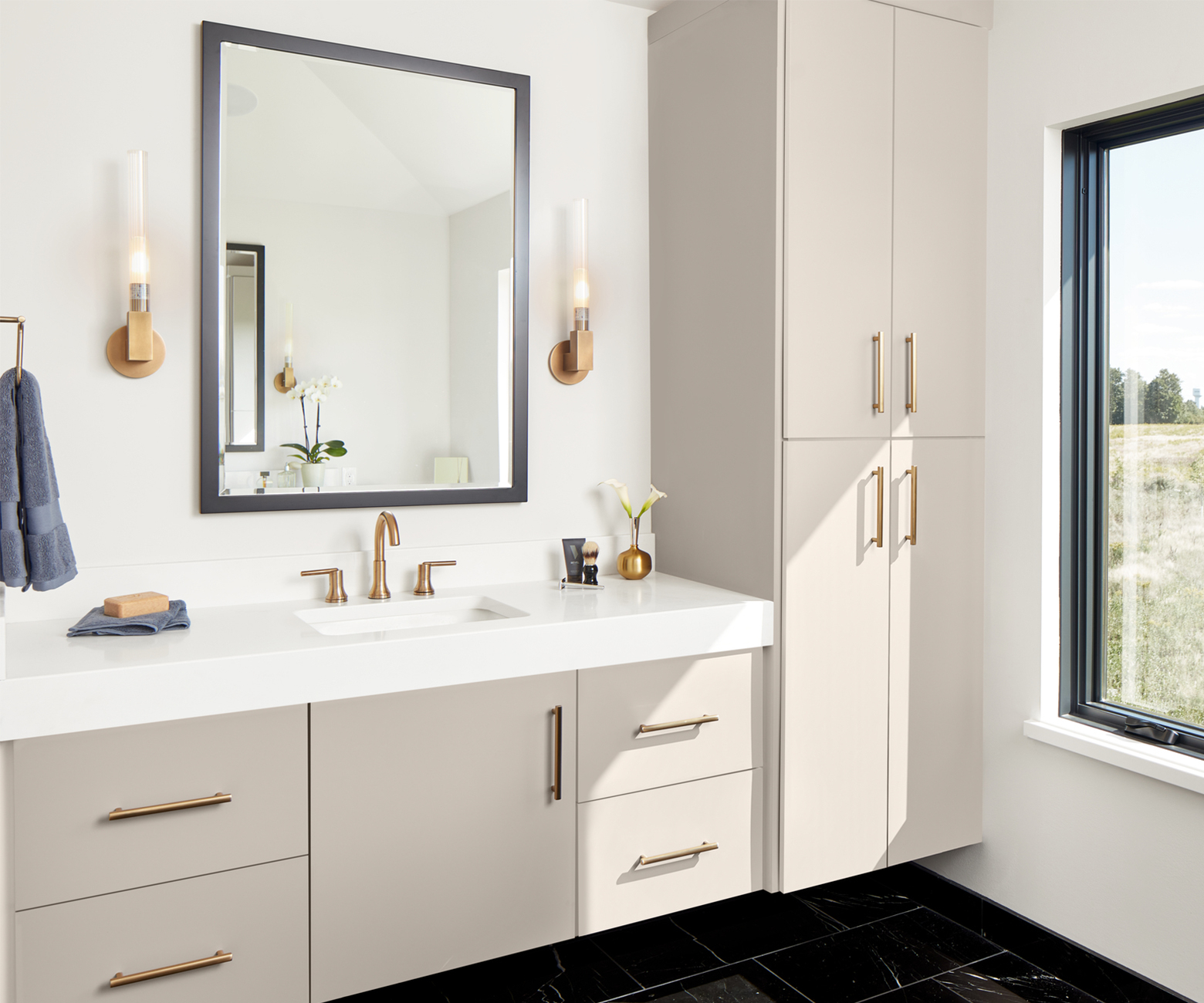 Low light reflectivity and super-matte surfaces are hallmarks of European-style cabinets such as these FENIX NTM Beige Arizona standouts.